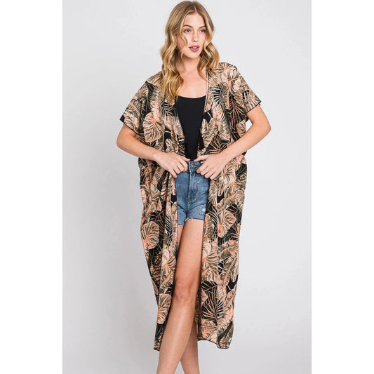 Eloise Tropical Leaves Drawstring Long Kimono