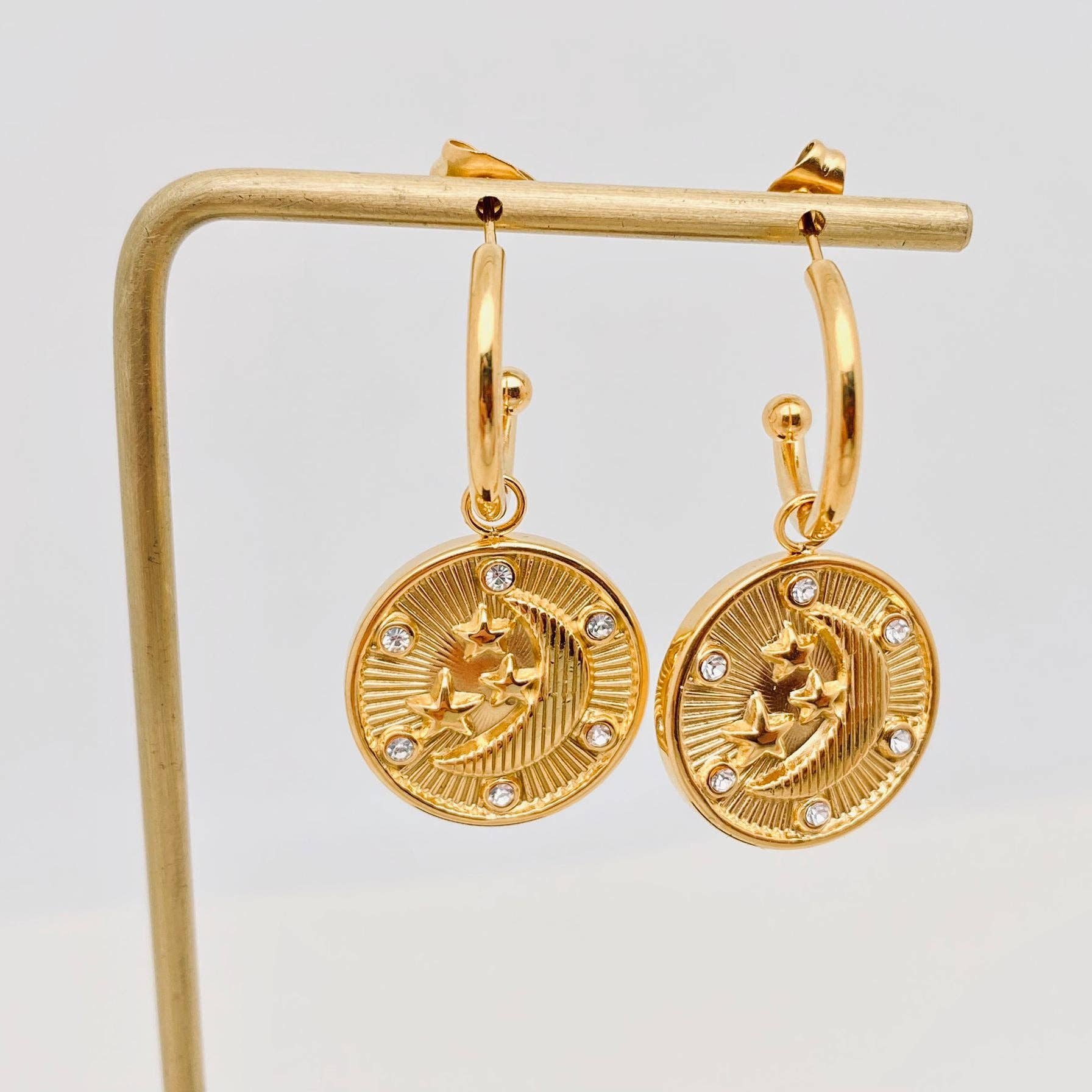 Embossed Design Star Moon Pendant Hoop Earrings | Celestial Theme Fashion Jewelry