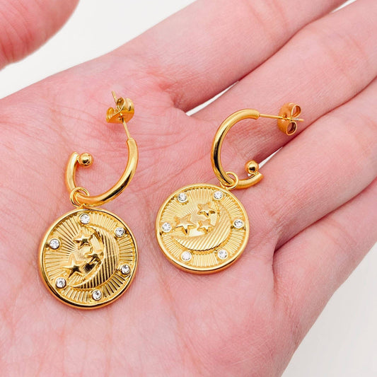 Embossed Design Star Moon Pendant Hoop Earrings | Celestial Theme Fashion Jewelry