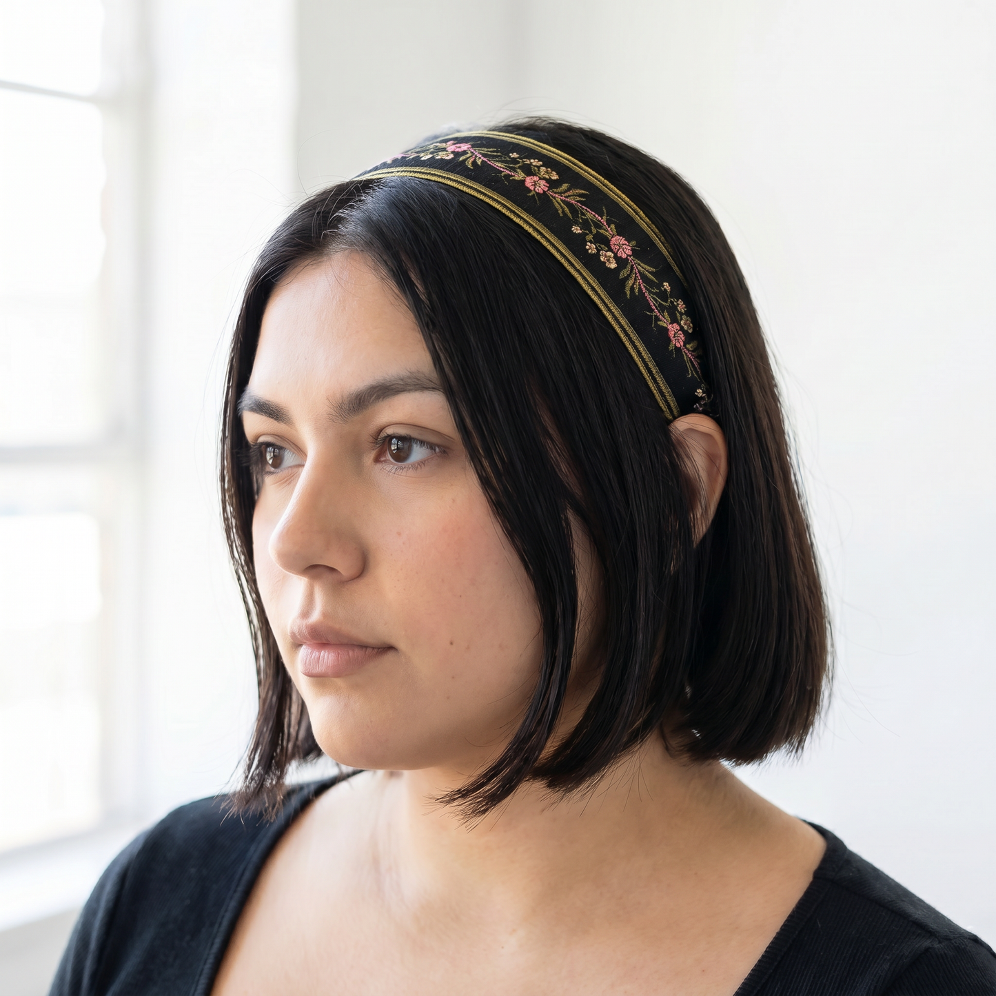 Embroidered Floral Tie Fabric Headband Set | 4 Sweet Neutral Headbands in Beige, White & Black
