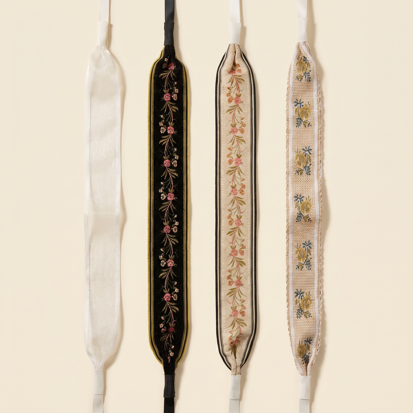 Embroidered Floral Tie Fabric Headband Set | 4 Sweet Neutral Headbands in Beige, White & Black