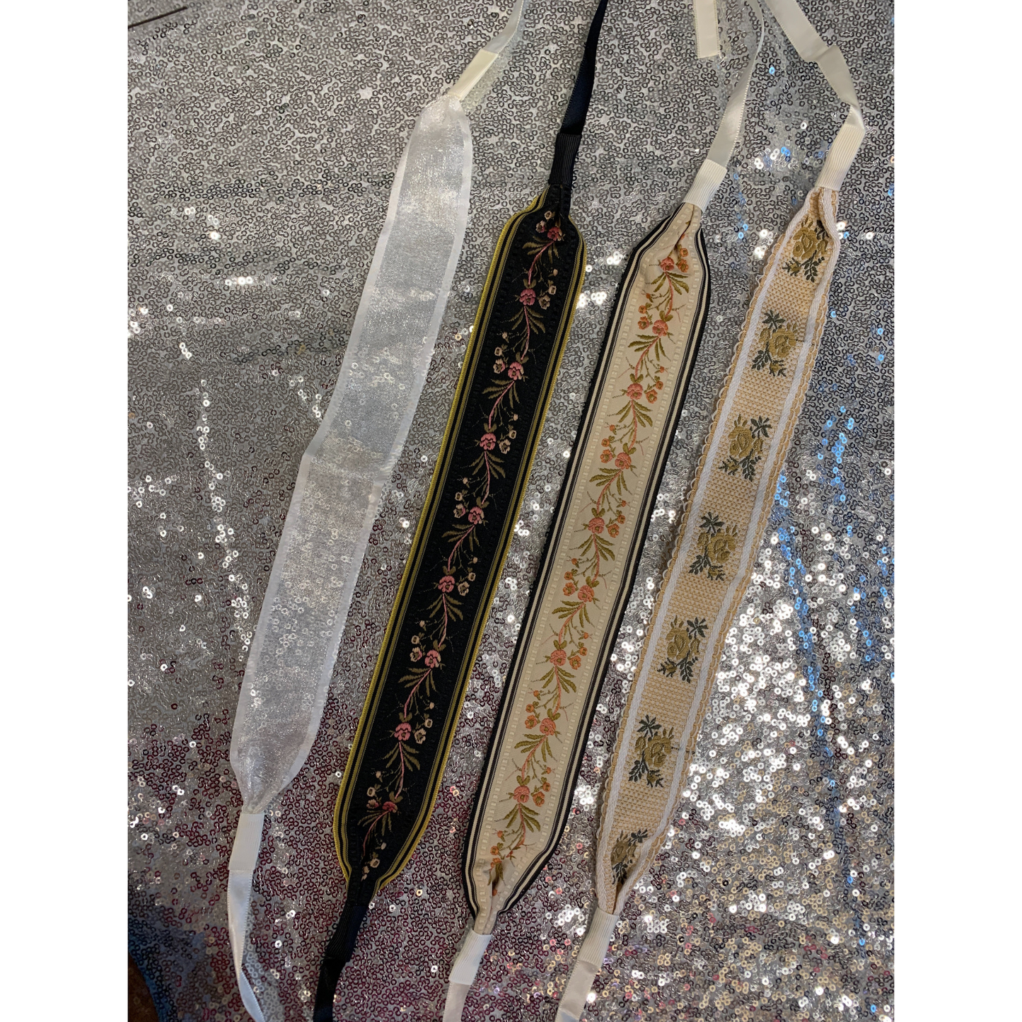Embroidered Floral Tie Fabric Headband Set | 4 Sweet Neutral Headbands in Beige, White & Black