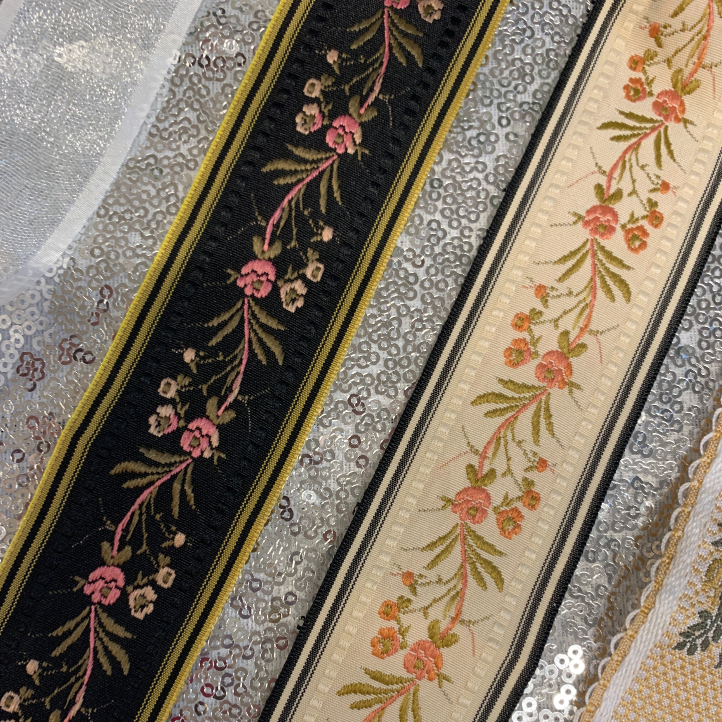 Embroidered Floral Tie Fabric Headband Set | 4 Sweet Neutral Headbands in Beige, White & Black