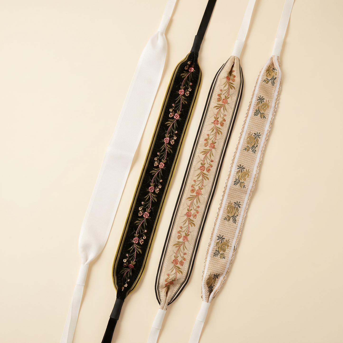 Embroidered Floral Tie Fabric Headband Set | 4 Sweet Neutral Headbands in Beige, White & Black