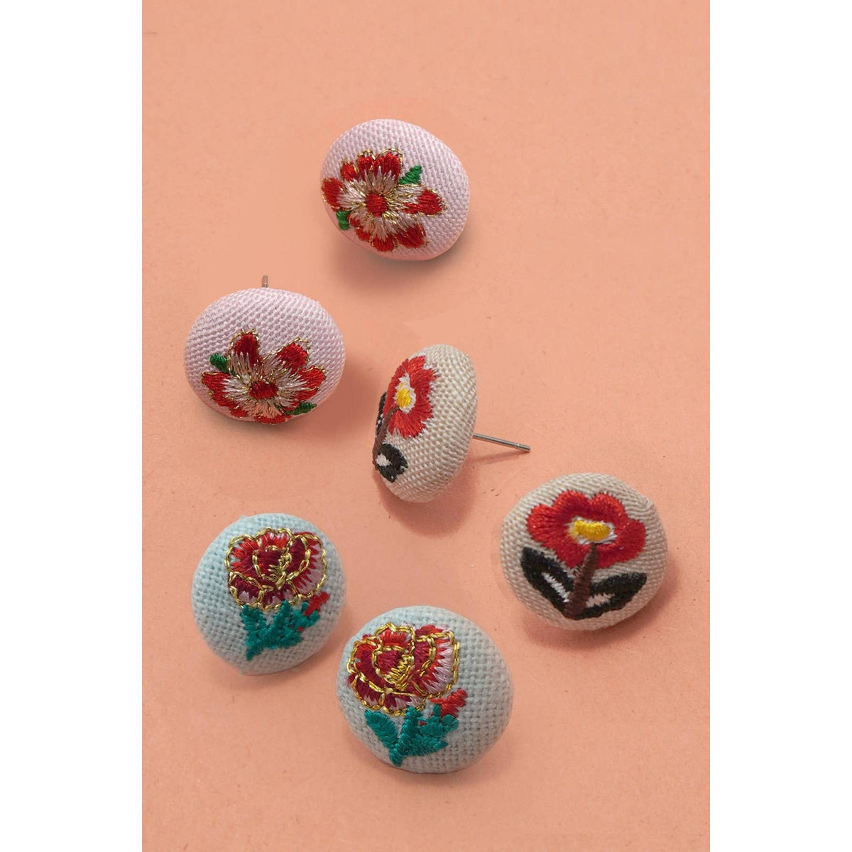 Set of embroidered floral stud earrings