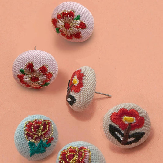 Embroidery Floral Gold Edge Stud Earrings