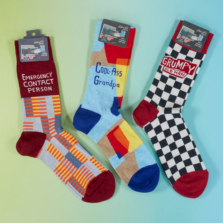 Emergency Contact Person Men's Crew Socks | Funny Text Novelty Socks | BlueQ at GetBullish