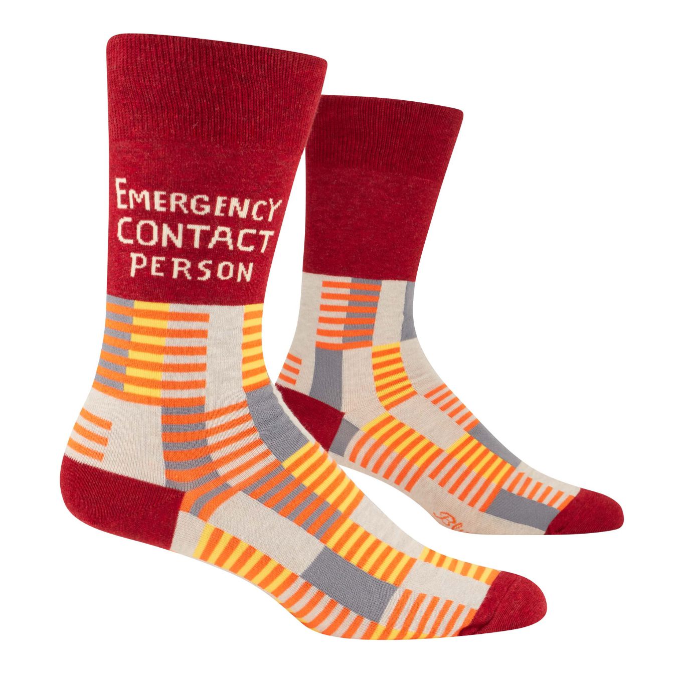 Emergency Contact Person Men's Crew Socks | Funny Text Novelty Socks | BlueQ at GetBullish