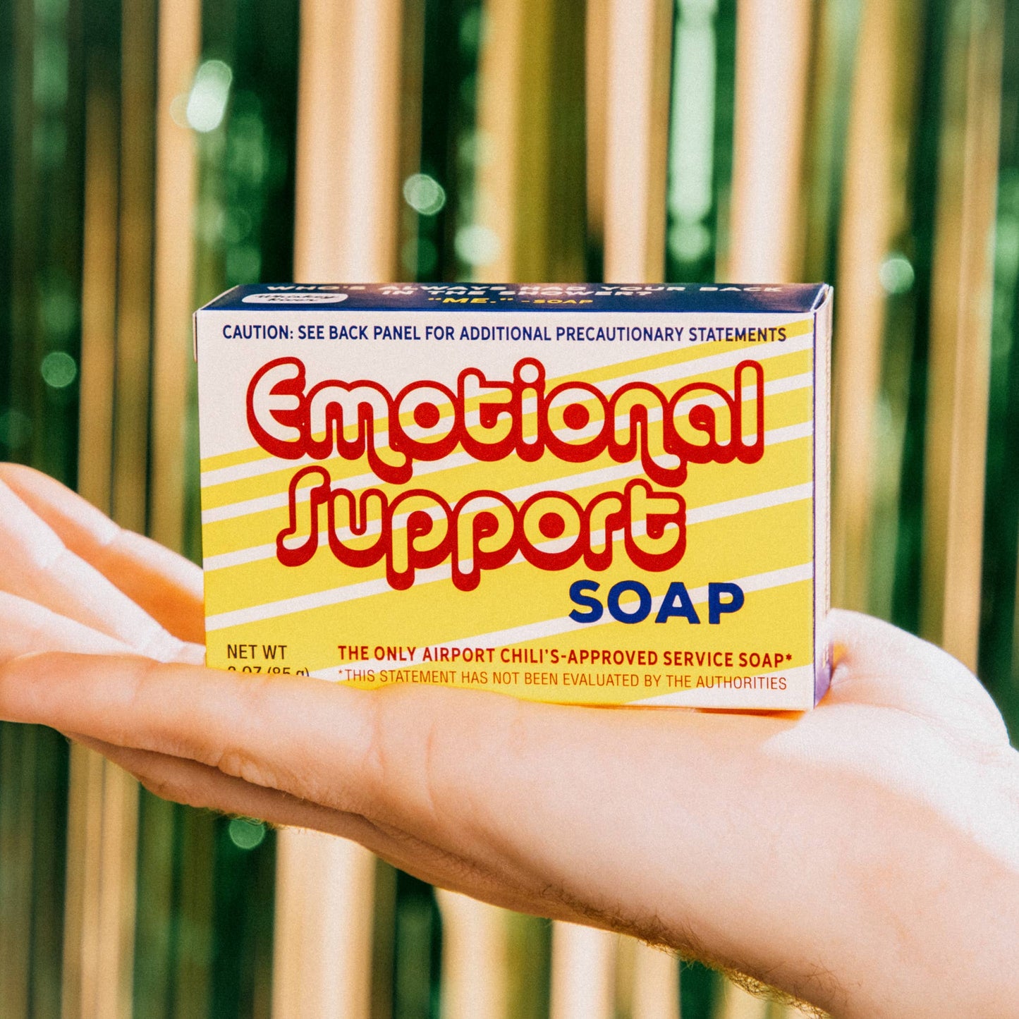 Box of 'Emotional Support Soap' held in a hand