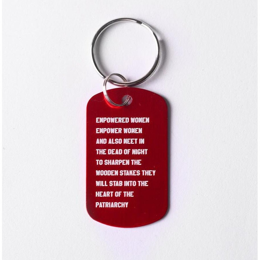 Empowered Women Empower Women And Also Meet in the Dead of Night Feminist Dog Tag Keychain in Red with Silver Lettering
