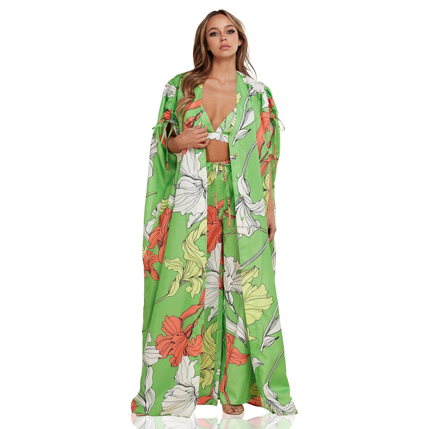 Enchanting Nature Seventies Vibe Leaf Flowy Pants and Robe Set [Size SM-L]