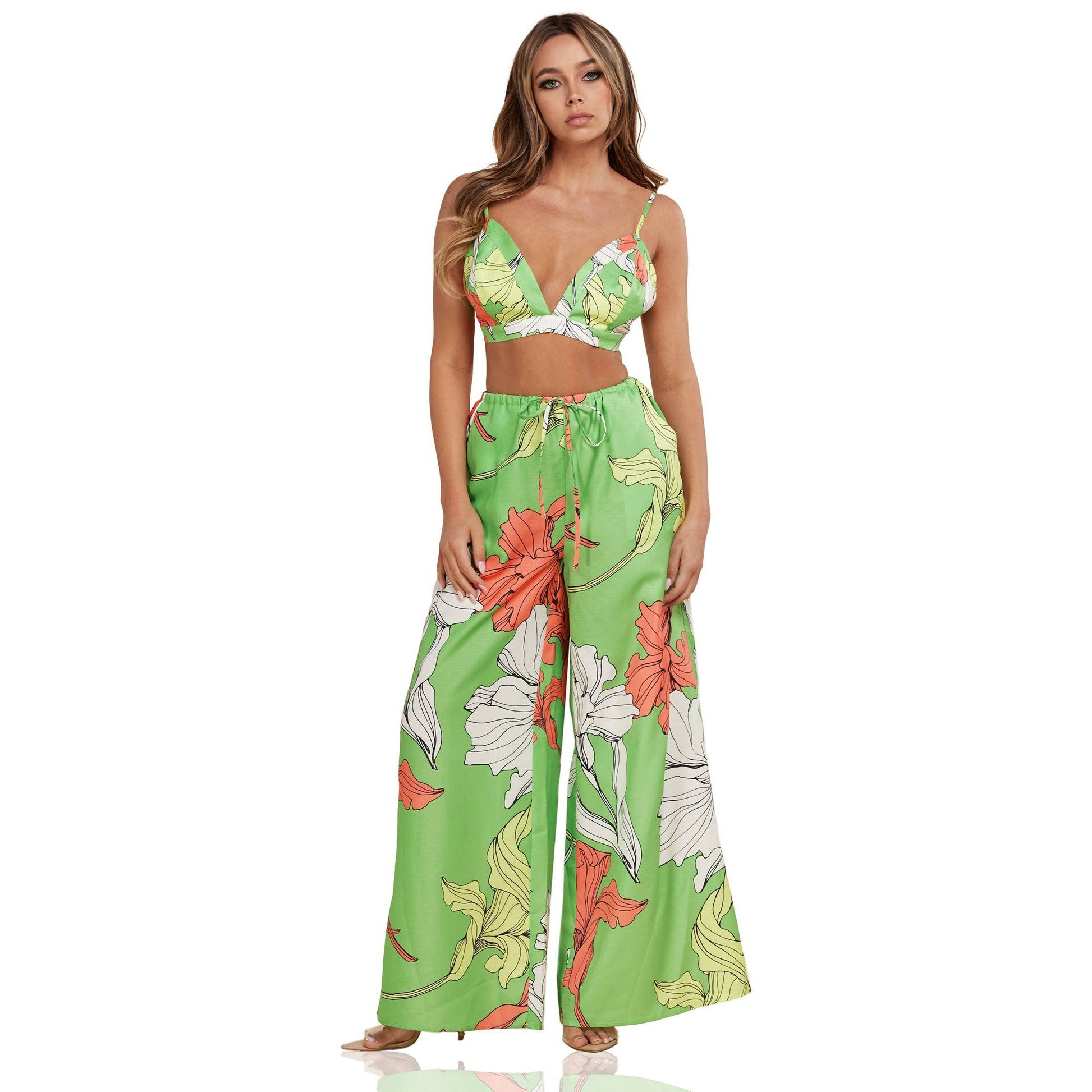 Enchanting Nature Seventies Vibe Leaf Flowy Pants and Robe Set [Size SM-L]