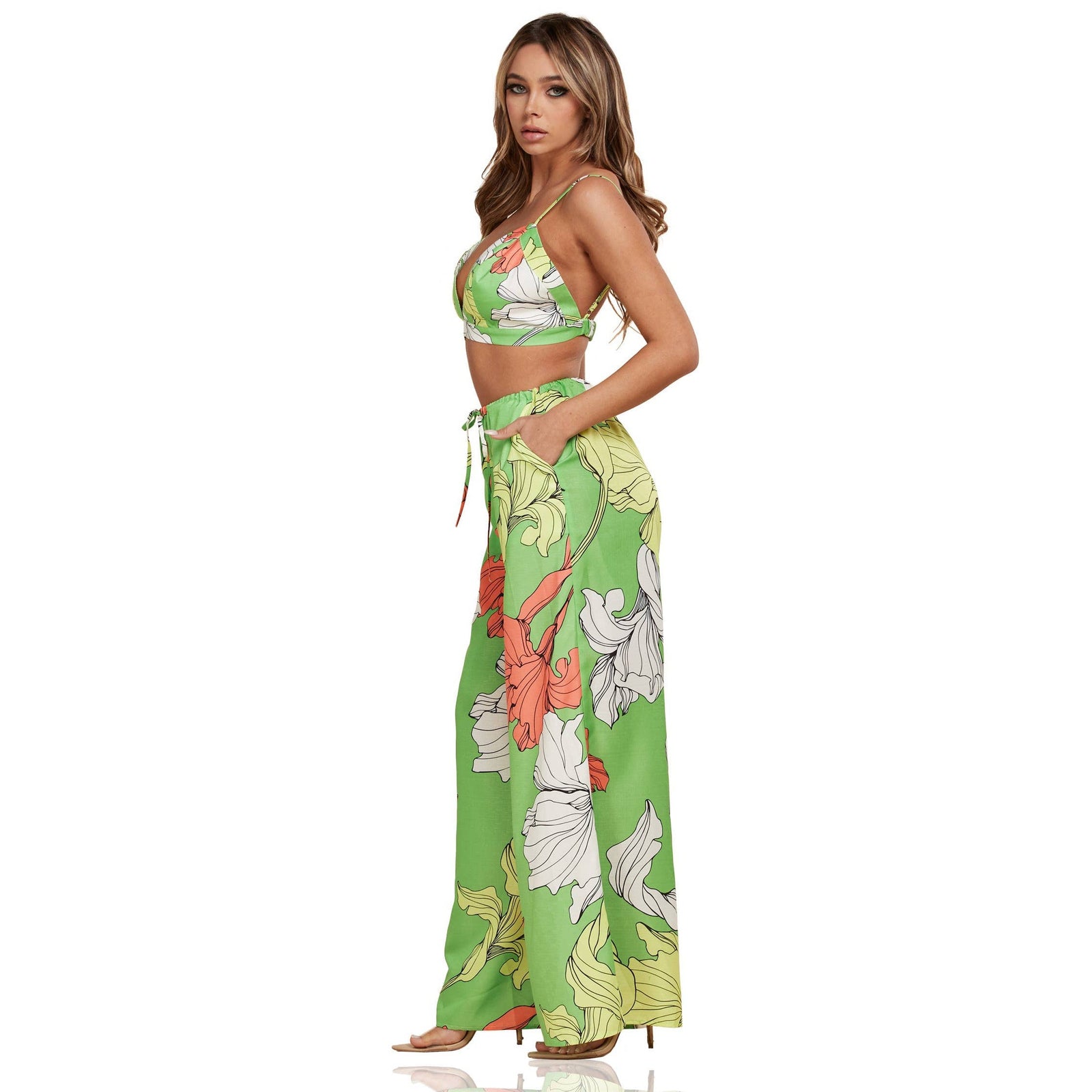 Enchanting Nature Seventies Vibe Leaf Flowy Pants and Robe Set [Size SM-L]