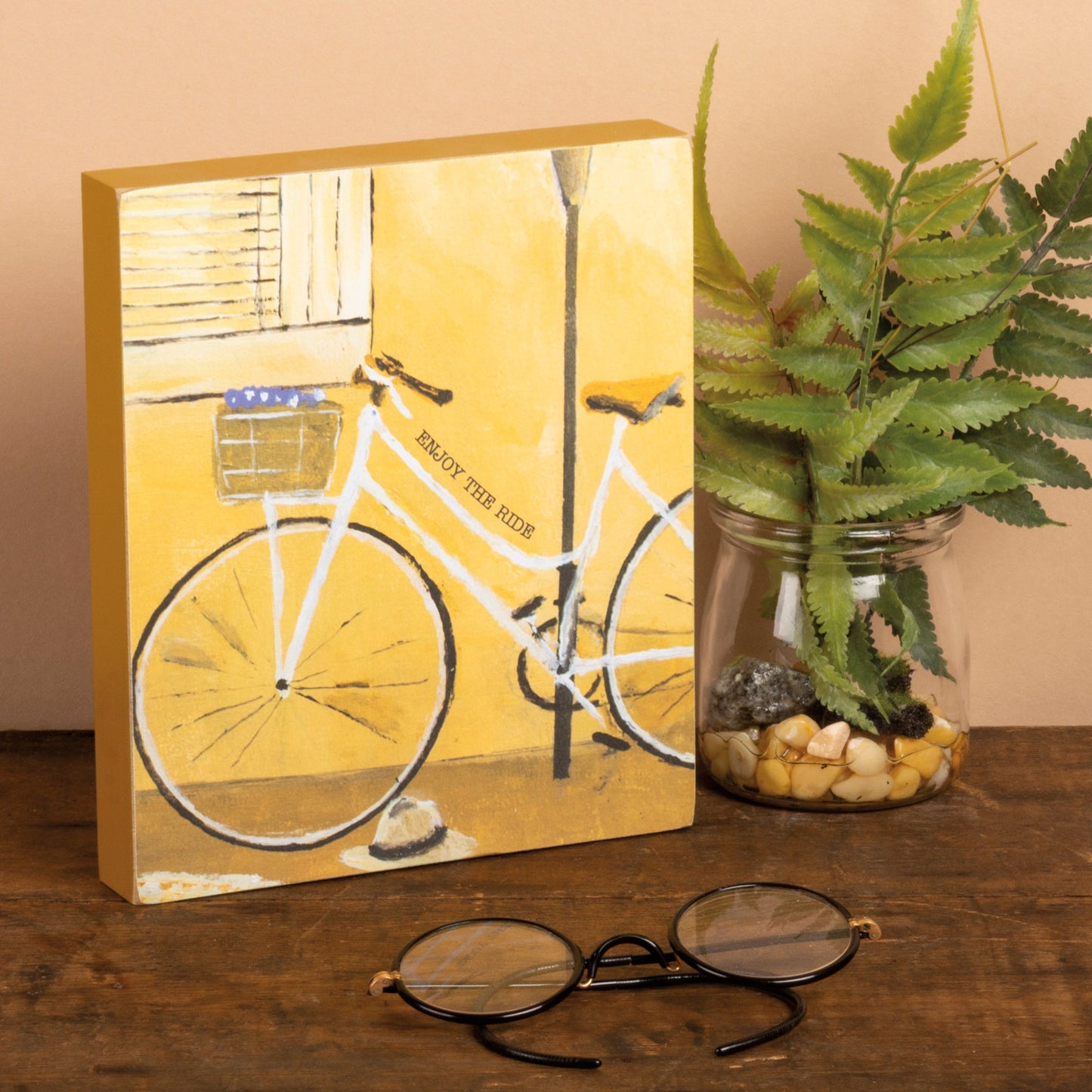 Enjoy The Ride Block Sign | Urban Bicycle Wooden Desk Wall Decor | 6" x 7"