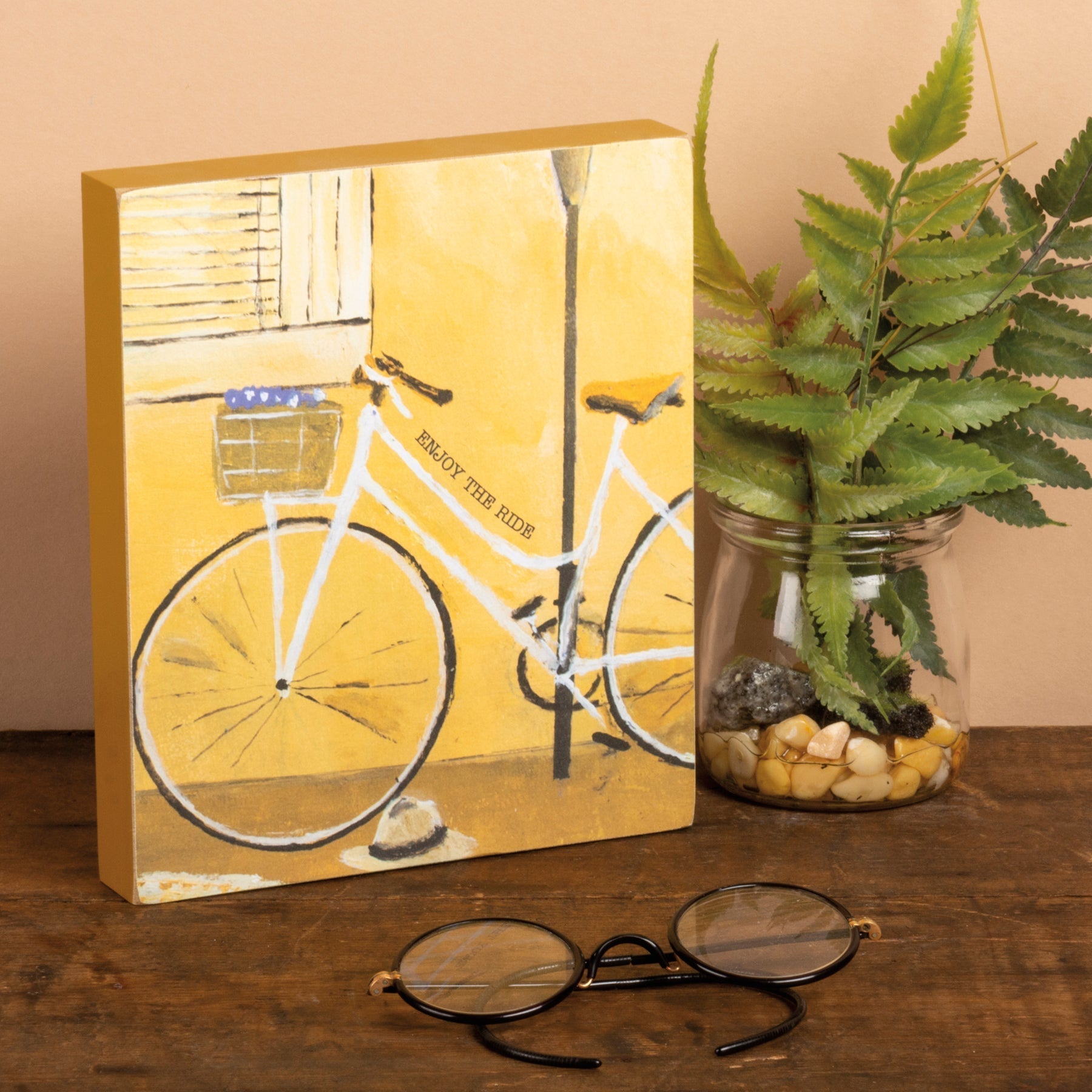 Enjoy The Ride Inspo Block Sign | Urban Bicycle Wooden Desk Wall Decor | 6" x 7"