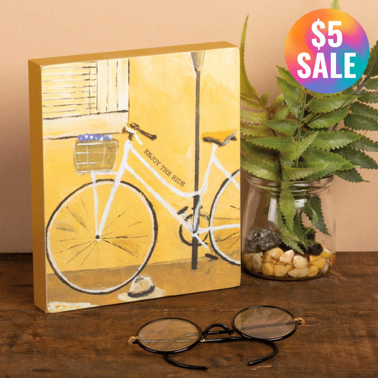 Enjoy The Ride Inspo Block Sign | Urban Bicycle Wooden Desk Wall Decor | 6" x 7"