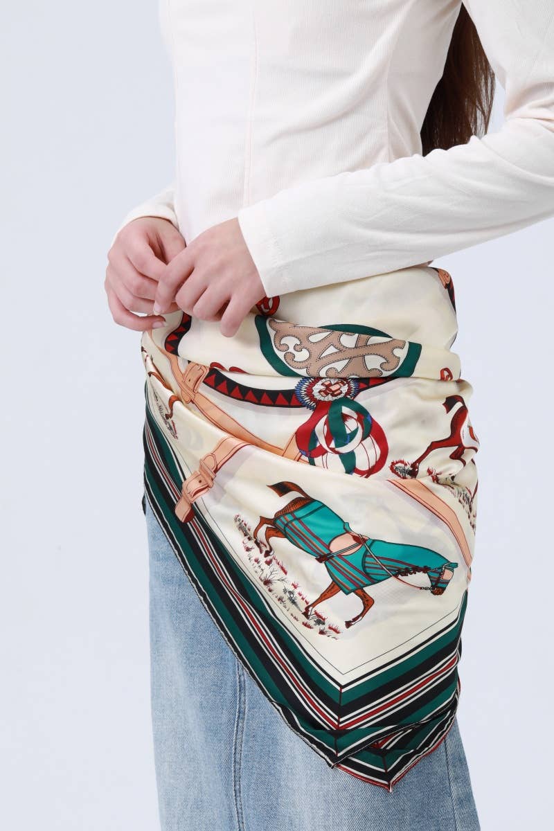 Equestrian Silk-Style Bandana in Green | Multi-Style Horse Print
