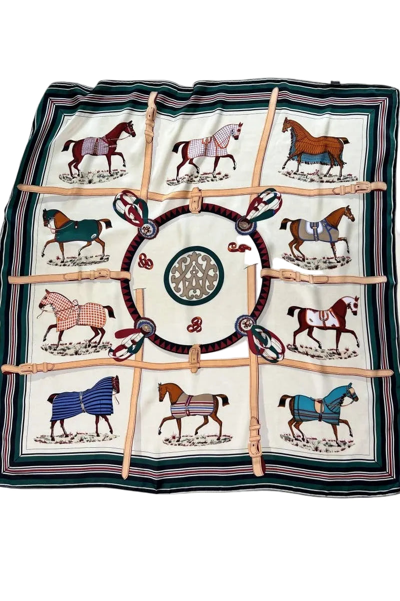 Equestrian Silk-Style Bandana in Green | Multi-Style Horse Print