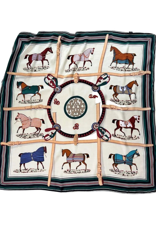 Equestrian Silk-Style Bandana in Green | Multi-Style Horse Print