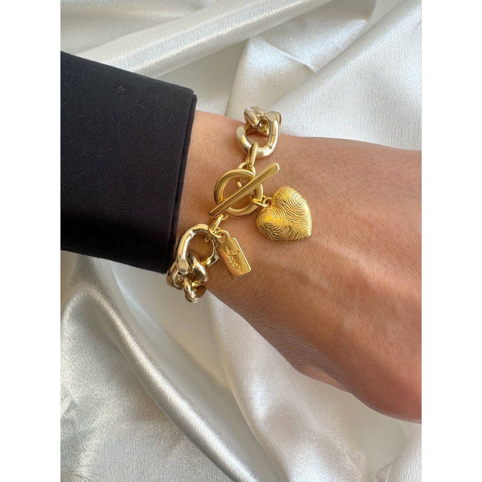 Etched Fingerprint Gold Chunky Chain Bracelet with Heart Charm | Handmade in Athens, Greece