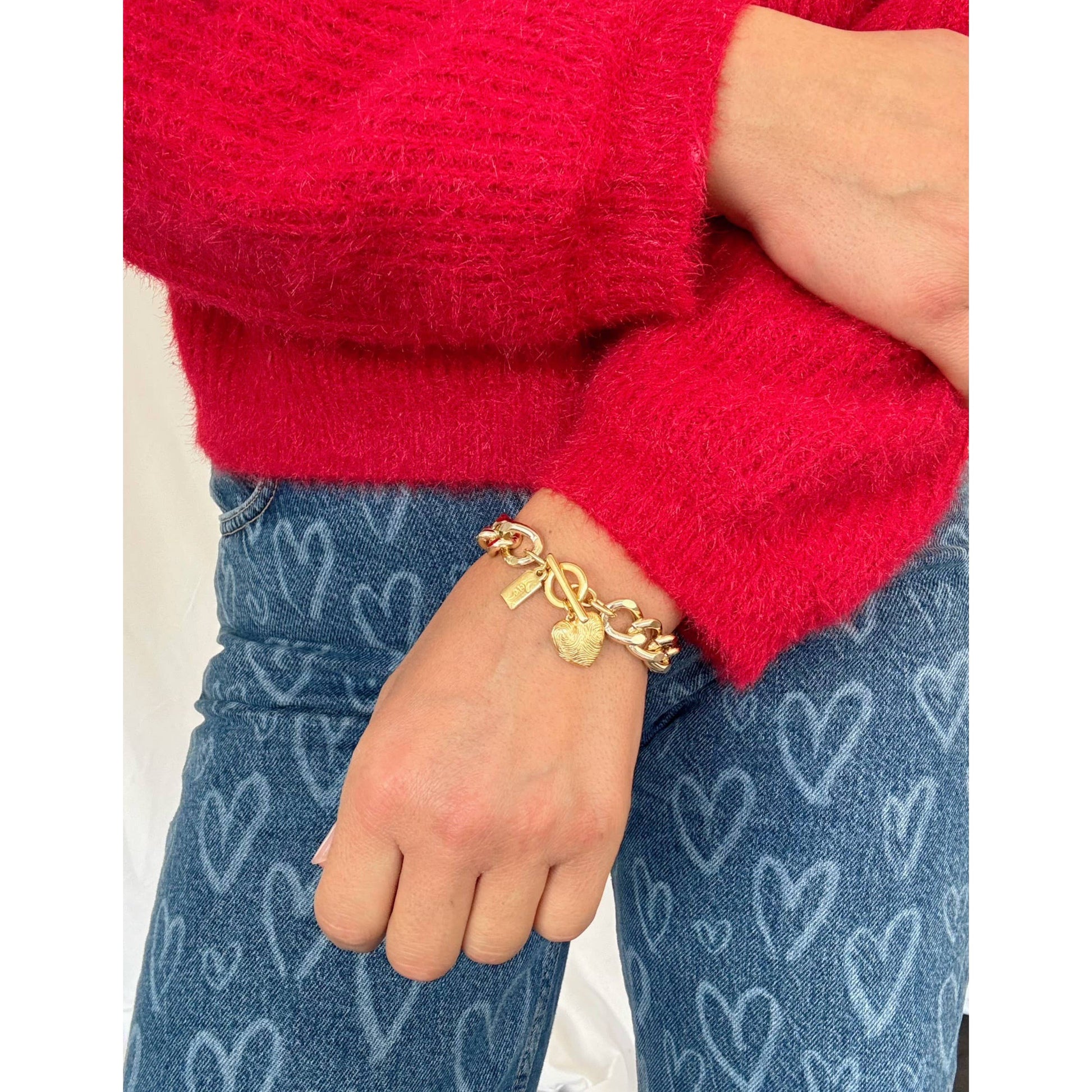 Etched Fingerprint Gold Chunky Chain Bracelet with Heart Charm | Handmade in Athens, Greece