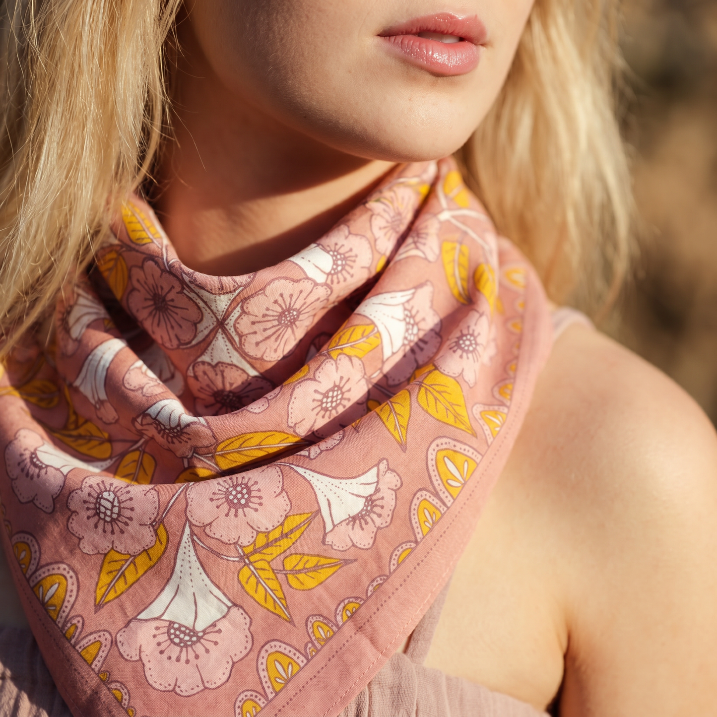 Evangeline Bandana in Pink with Floral Designs | Handmade in India | Cotton Scarf Neckerchief | 22'' x 22''