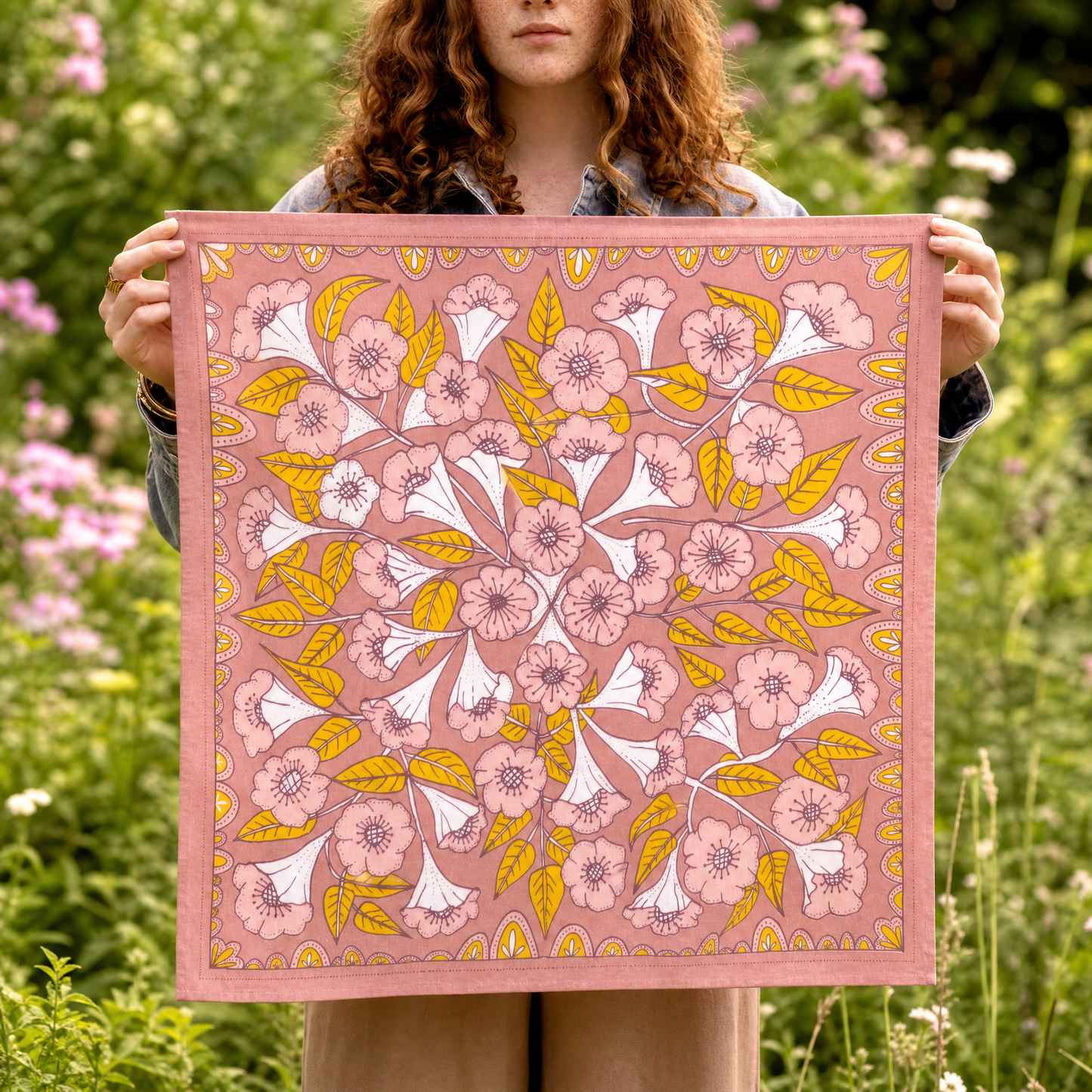 Evangeline Bandana in Pink with Floral Designs | Handmade in India | Cotton Scarf Neckerchief | 22'' x 22''