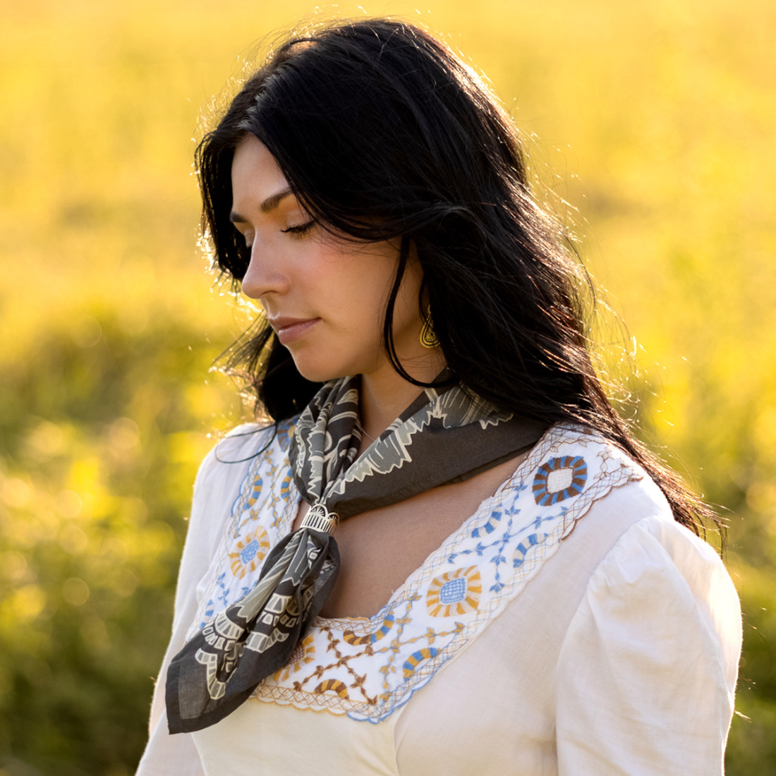 Evelyn Bandana in Charcoal Gray with Floral Pattern | Handmade in India | Cotton Scarf Neckerchief | 22'' x 22''