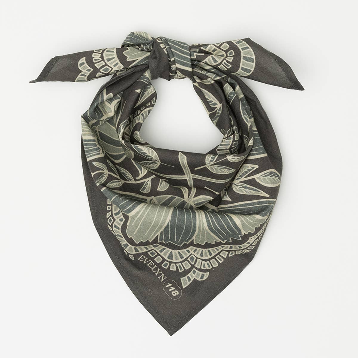 Evelyn Bandana in Charcoal Gray with Floral Pattern | Handmade in India | Cotton Scarf Neckerchief | 22'' x 22''
