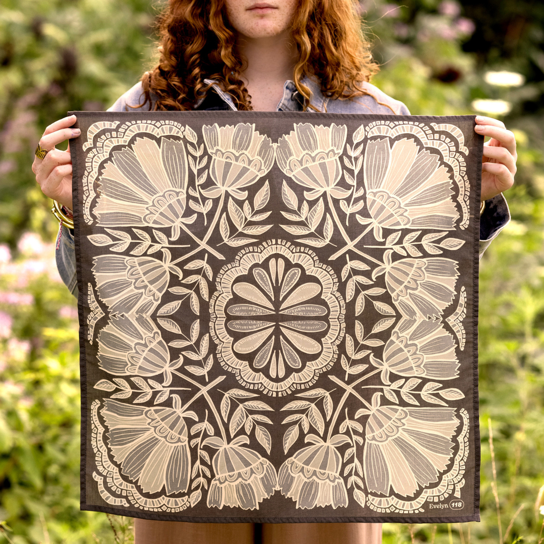 Evelyn Bandana in Charcoal Gray with Floral Pattern | Handmade in India | Cotton Scarf Neckerchief | 22'' x 22''