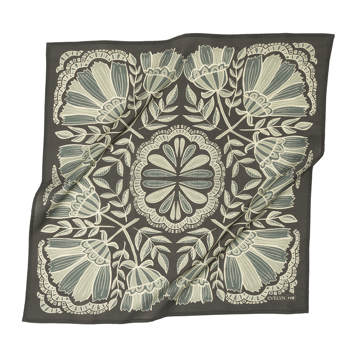 Evelyn Bandana in Charcoal Gray with Floral Pattern | Handmade in India | Cotton Scarf Neckerchief | 22'' x 22''