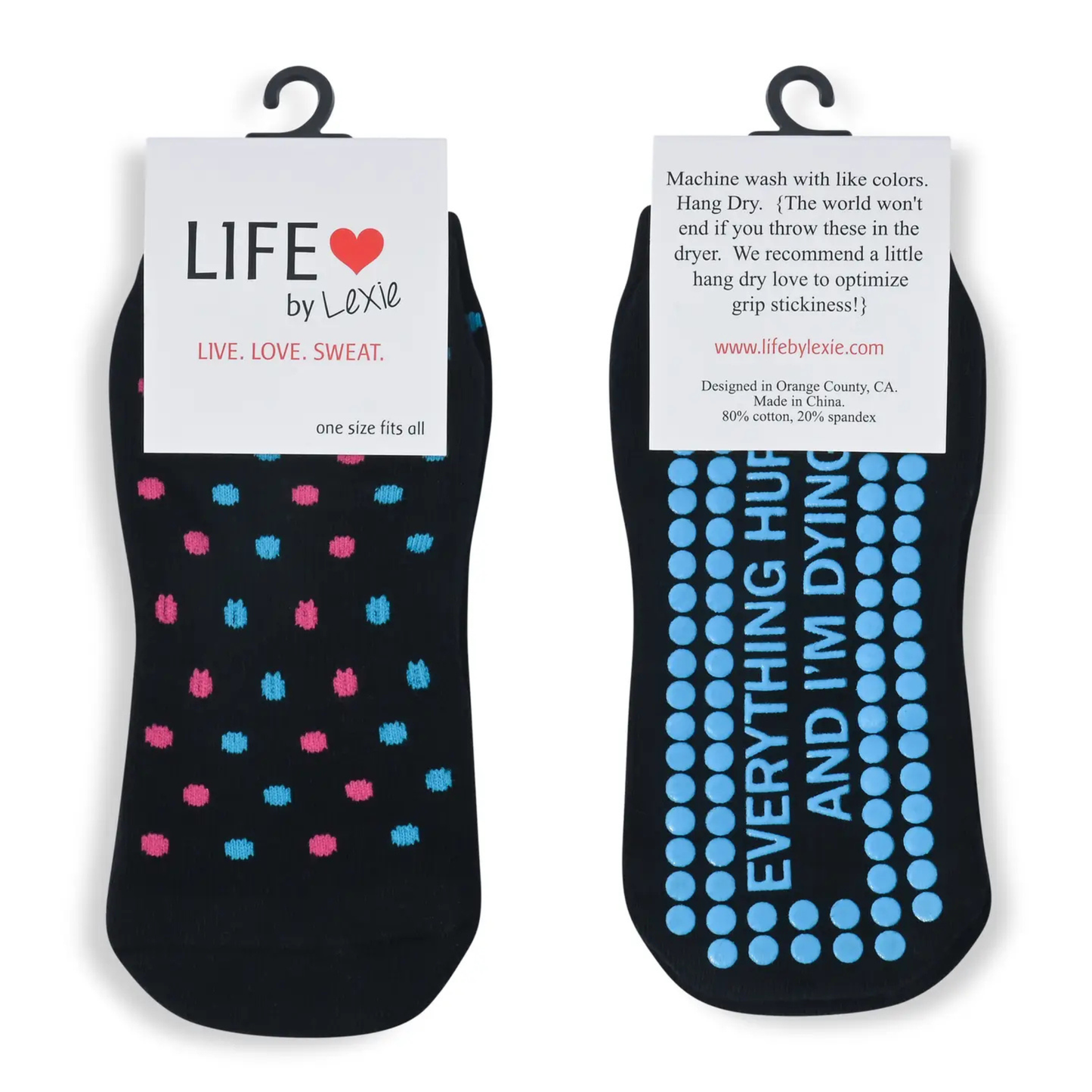 Everything Hurts And I'm Dying Sticky Socks in Blue and Pink Polka Dots | Barre Pilates Yoga Giftable Anti-Slip Grippy Socks