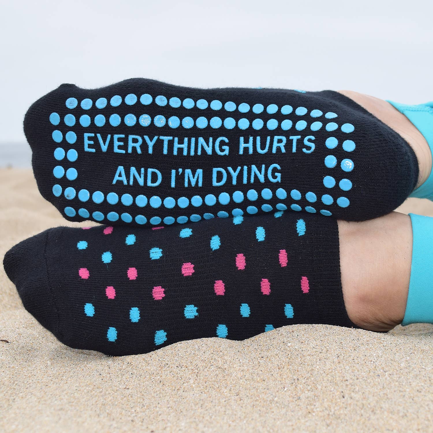 Everything Hurts And I'm Dying Sticky Socks in Blue and Pink Polka Dots | Barre Pilates Yoga Giftable Anti-Slip Grippy Socks