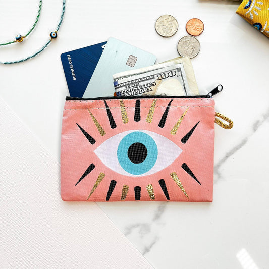 Evil Eye Coin Purse Pink Zipper Pouch | Handmade in Turkey | 4" x 5"