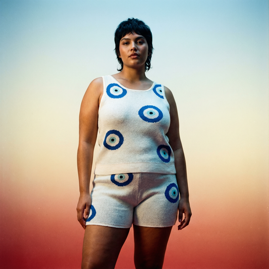 Evil Eye Knit Set | Sleeveless Top & Shorts with Drawstring Waist | White & Blue Intarsia Design [SM-XL]