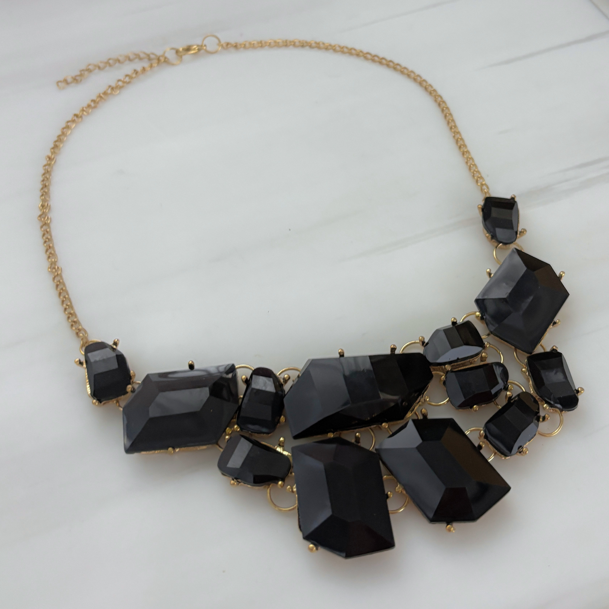 Evil Queen Jagged Gems Statement Necklace | Black Faceted Gems, Gold Setting | Bib Style
