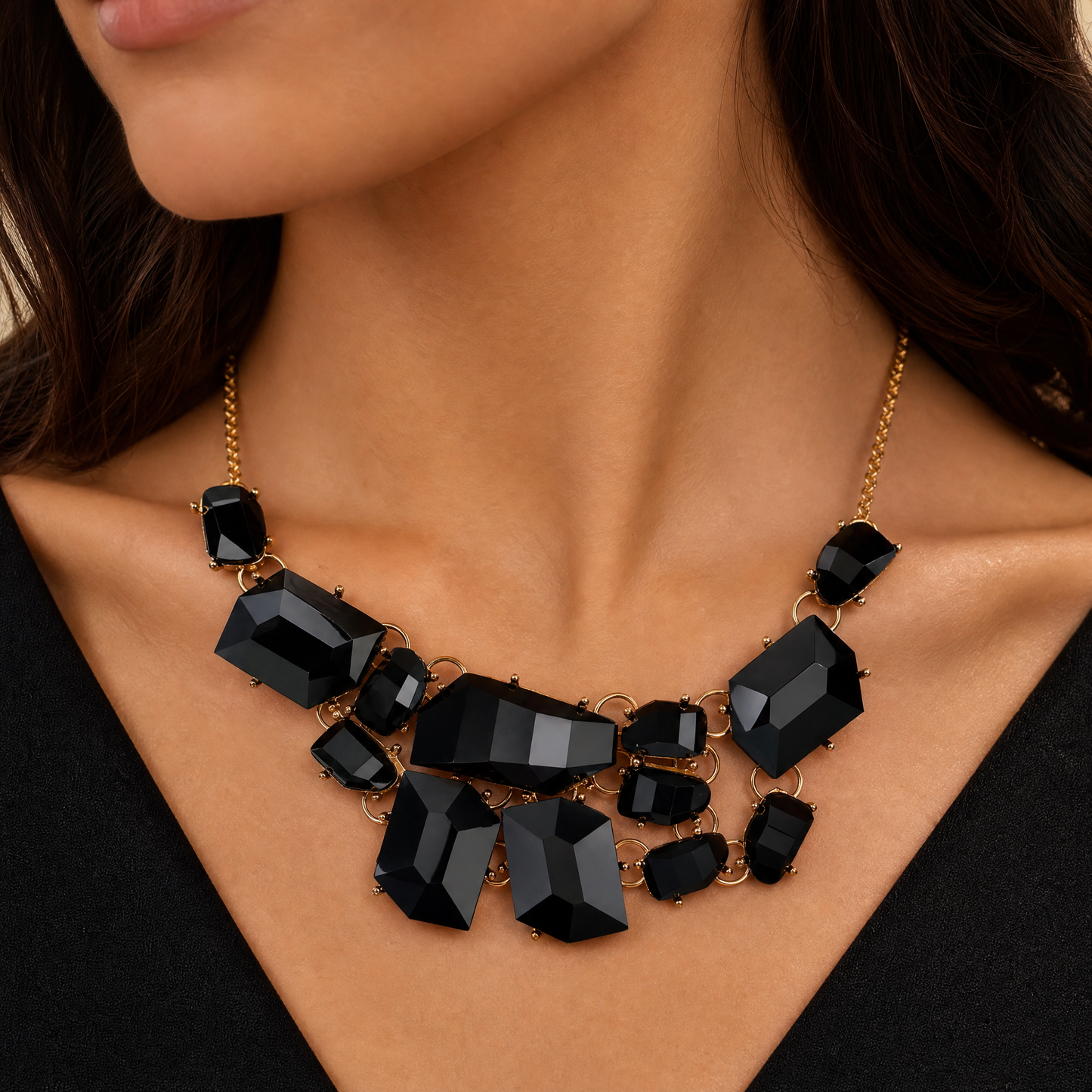 Evil Queen Jagged Gems Statement Necklace | Black Faceted Gems, Gold Setting | Bib Style-Paper & Quartz-The Bullish Store