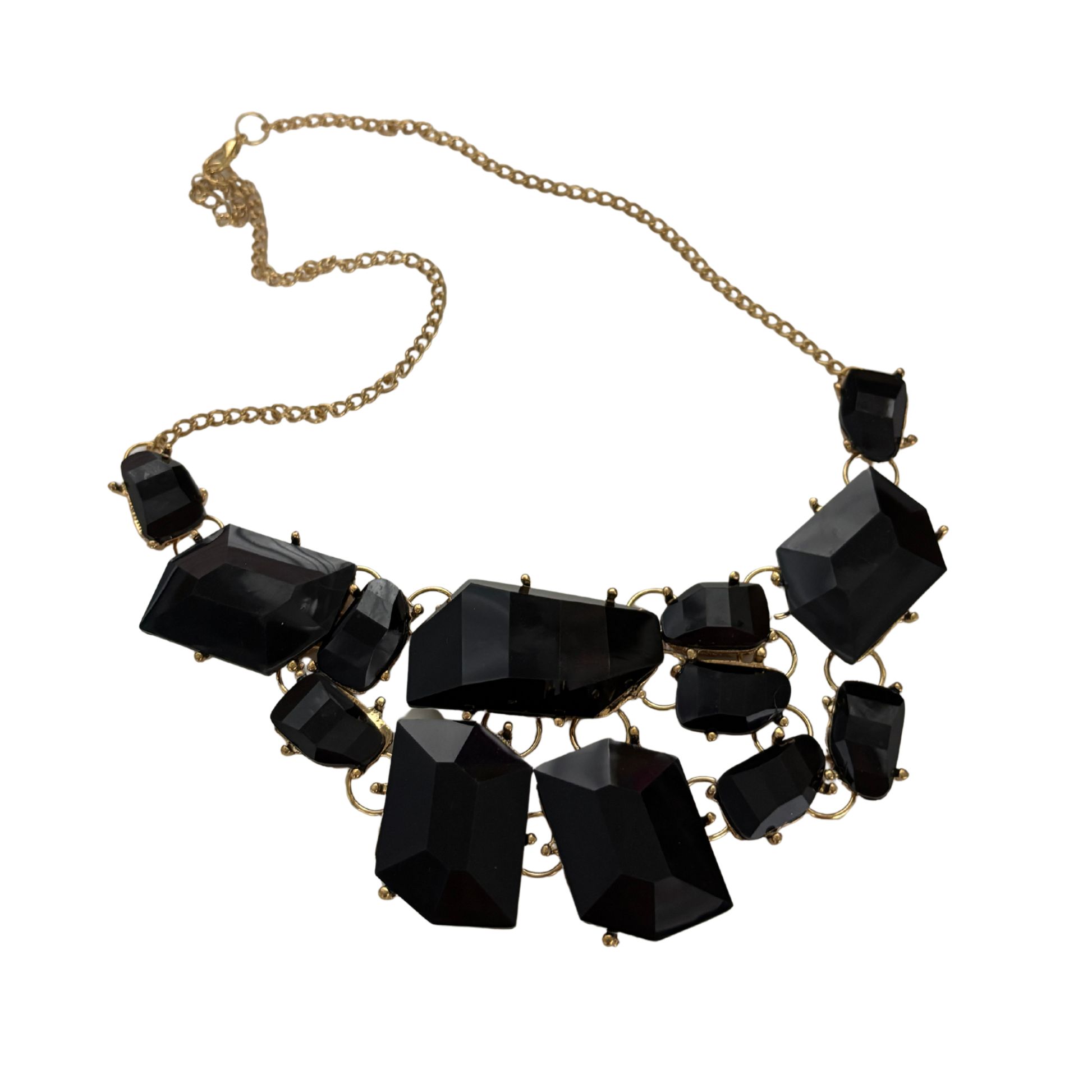 Evil Queen Jagged Gems Statement Necklace | Black Faceted Gems, Gold Setting | Bib Style