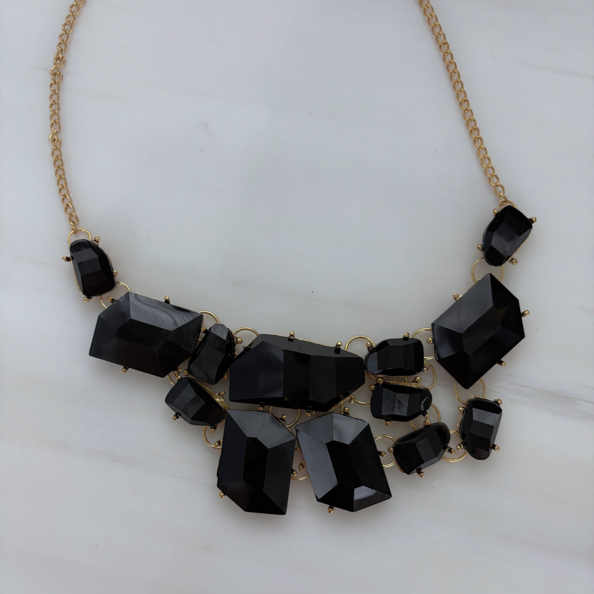 Evil Queen Jagged Gems Statement Necklace | Black Faceted Gems, Gold Setting | Bib Style