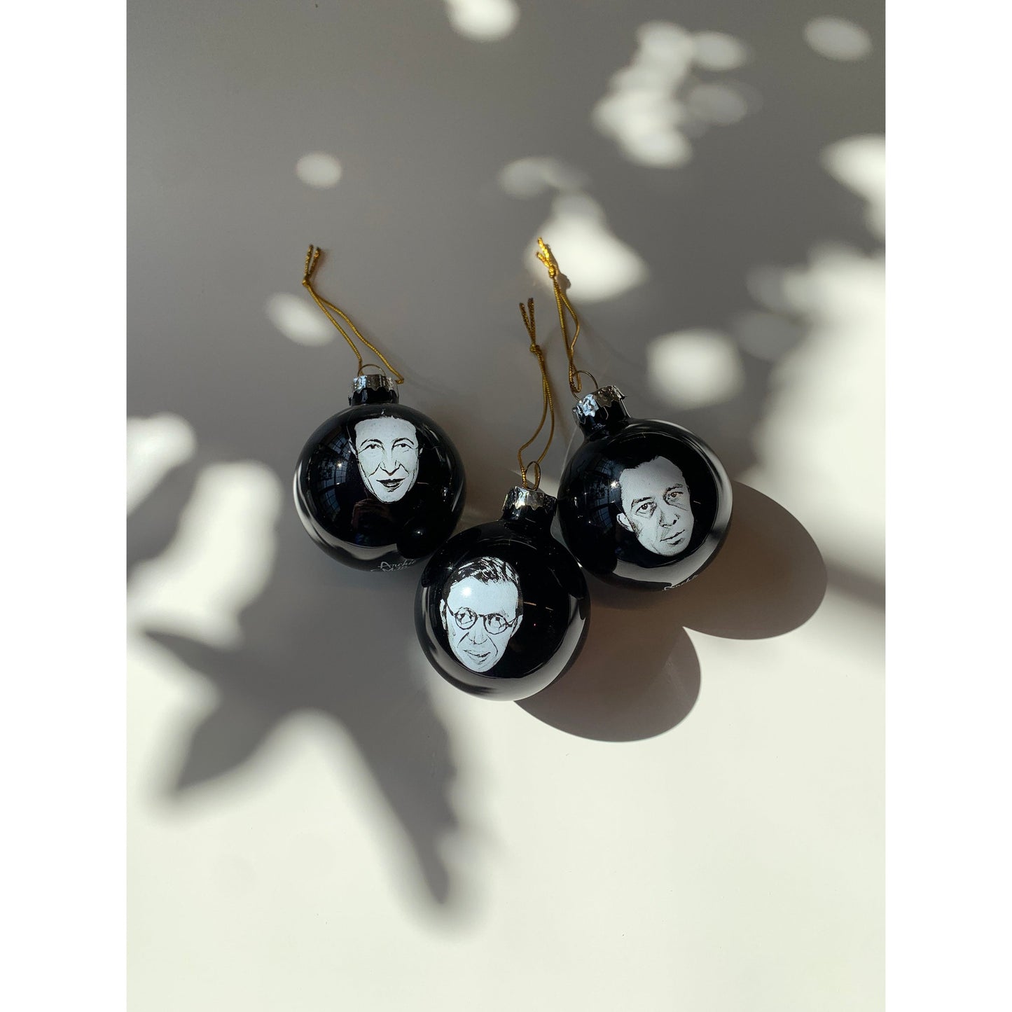 Existentialist Holiday Glass Mini Ornaments Set in Black | Featuring Camus, Sartre, and de Beauvoir