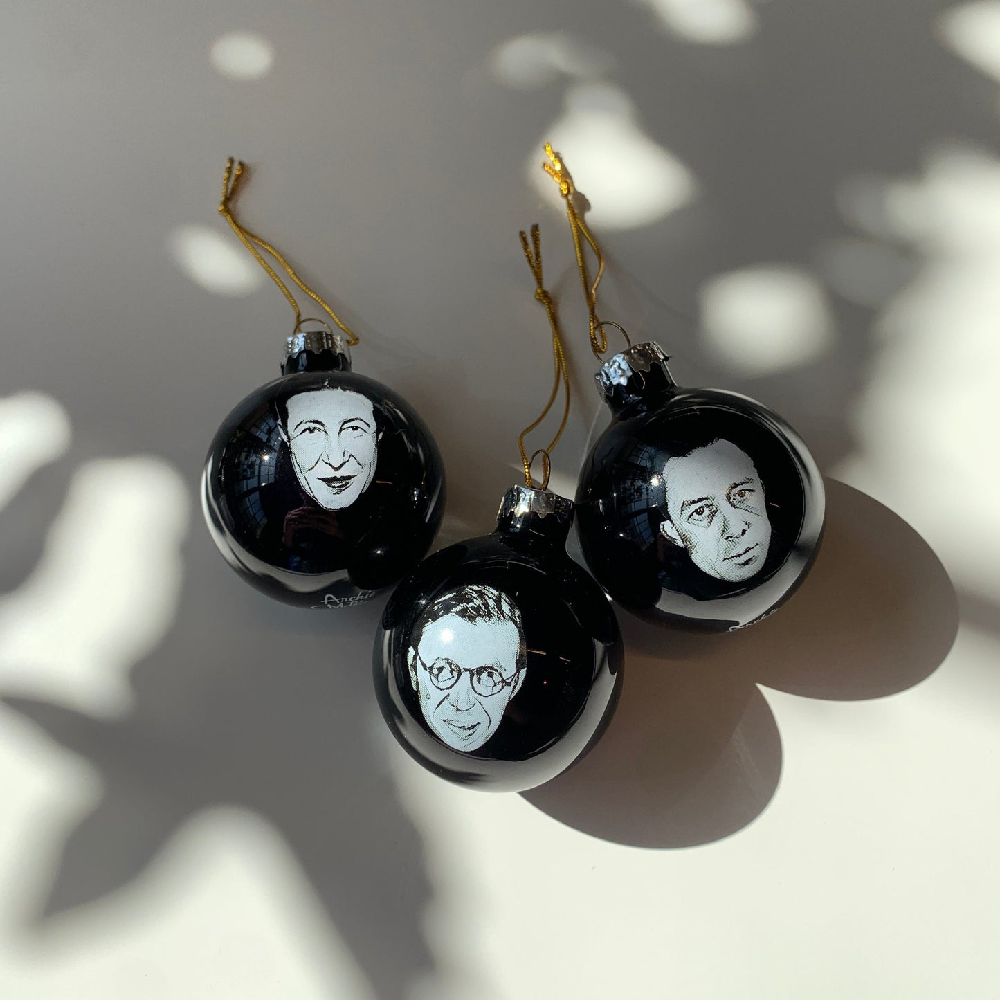 Existentialist Holiday Glass Mini Ornaments Set in Black | Featuring Camus, Sartre, and de Beauvoir