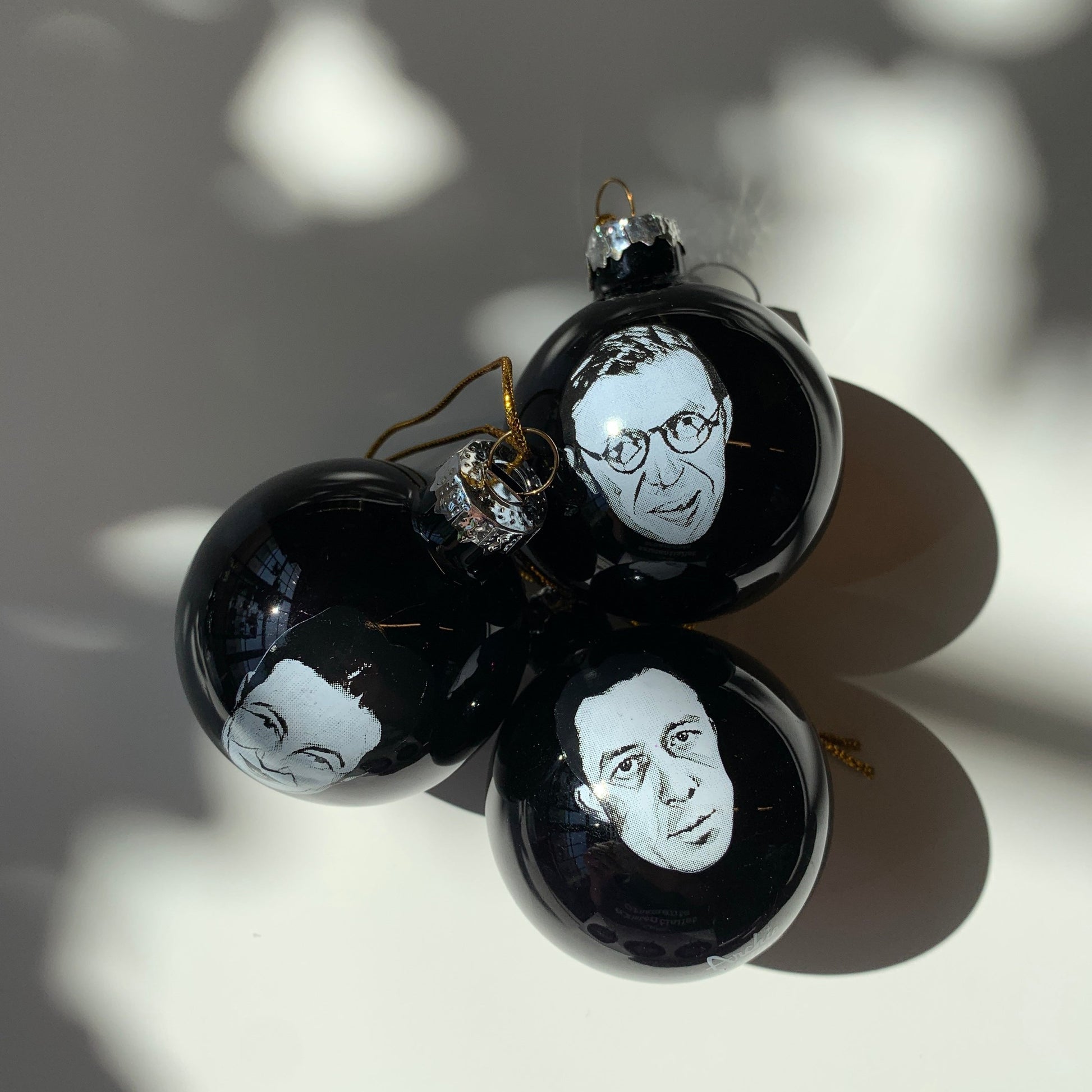 Existentialist Holiday Glass Mini Ornaments Set in Black | Featuring Camus, Sartre, and de Beauvoir