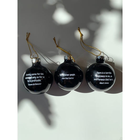 Existentialist Holiday Glass Mini Ornaments Set in Black | Featuring Camus, Sartre, and de Beauvoir