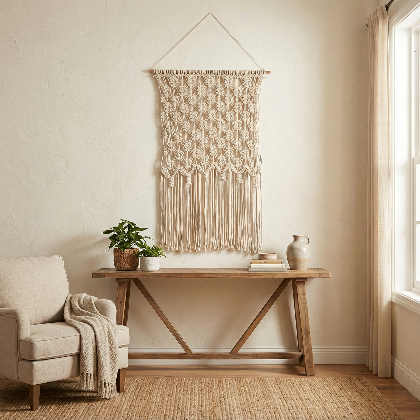 Extra Large Ivory Fringe Hand Knotted Macrame Wall Hanging | 24" x 35"