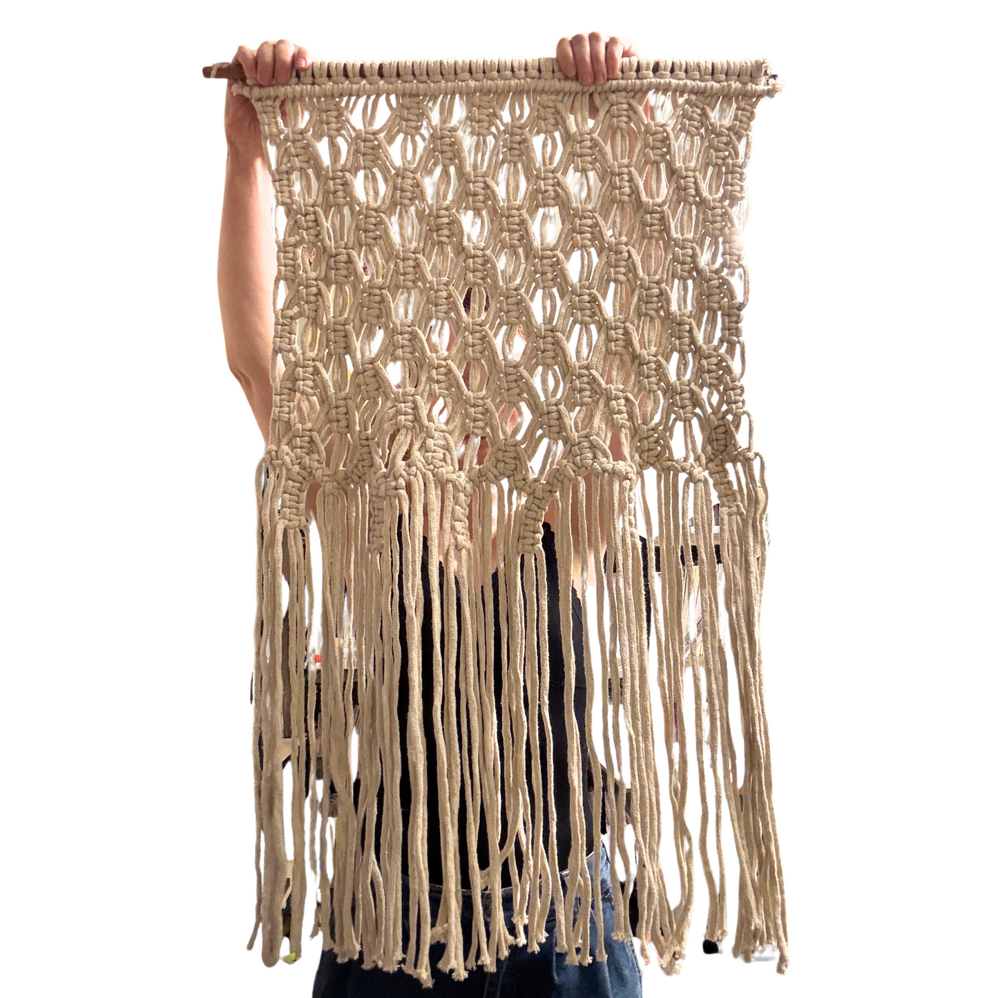 Extra Large Ivory Fringe Hand Knotted Macrame Wall Hanging | 24" x 35"