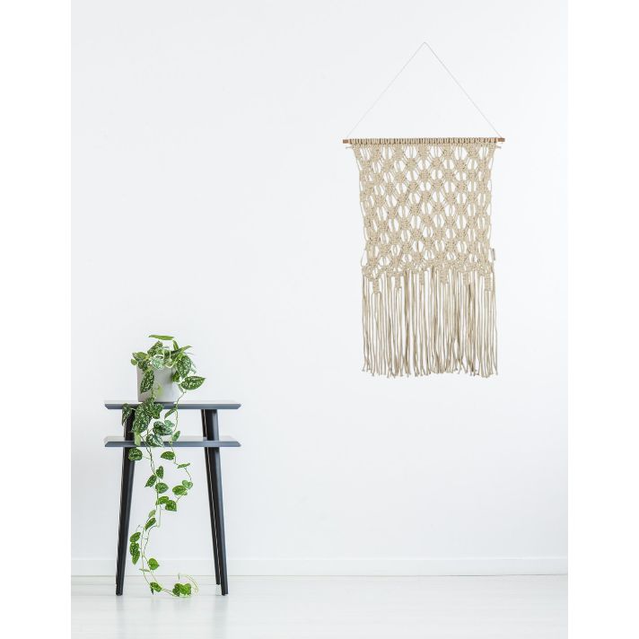 Extra Large Ivory Fringe Hand Knotted Macrame Wall Hanging | 24" x 35"