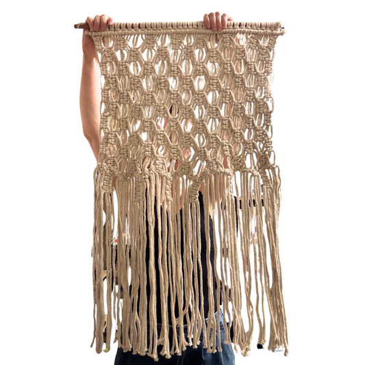 Extra Large Ivory Fringe Hand Knotted Macrame Wall Hanging | 24" x 35"
