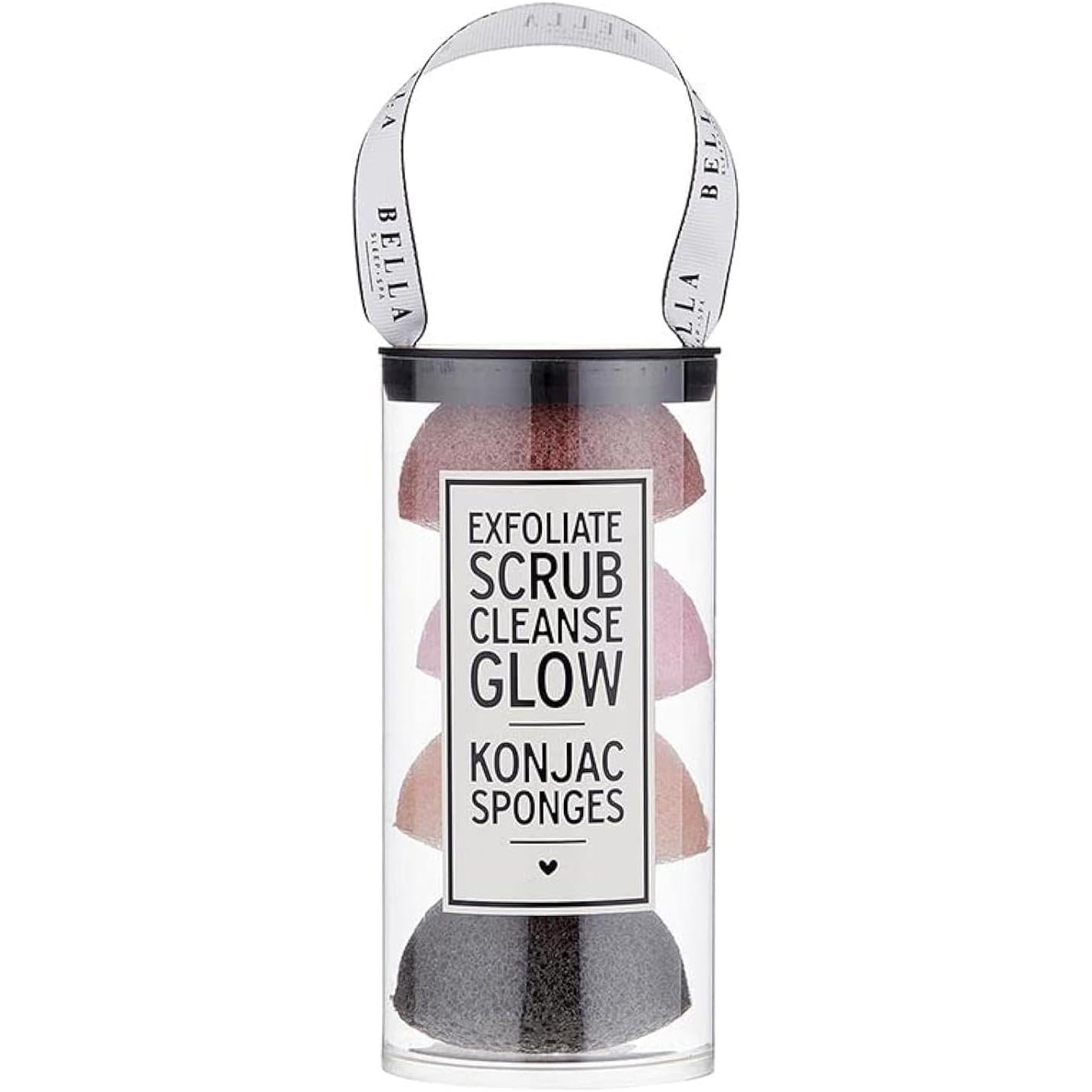 Konjac sponges in a clear container with branding on a white background