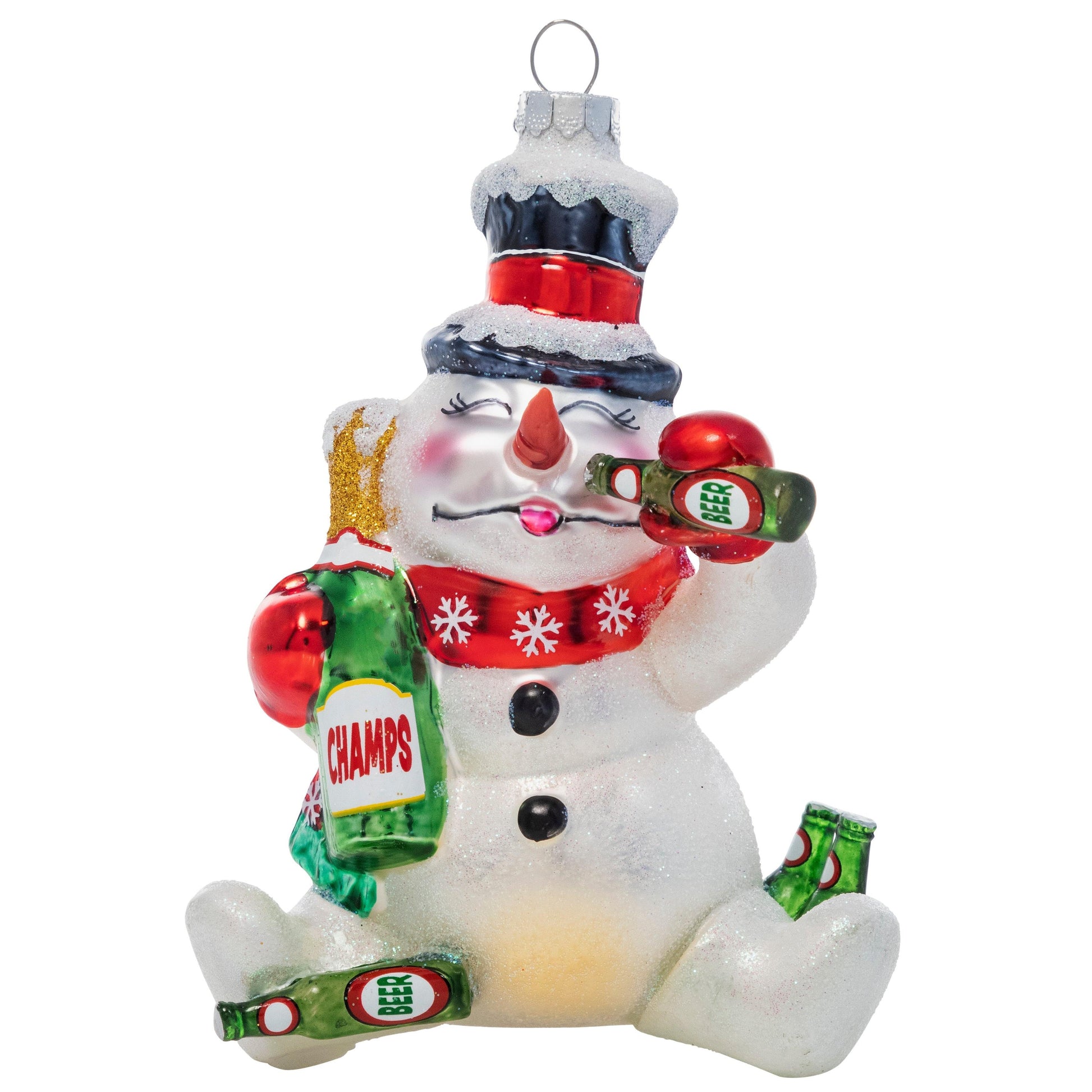 Decorative snowman ornament holding beer bottles with 'Champs' branding on a white background