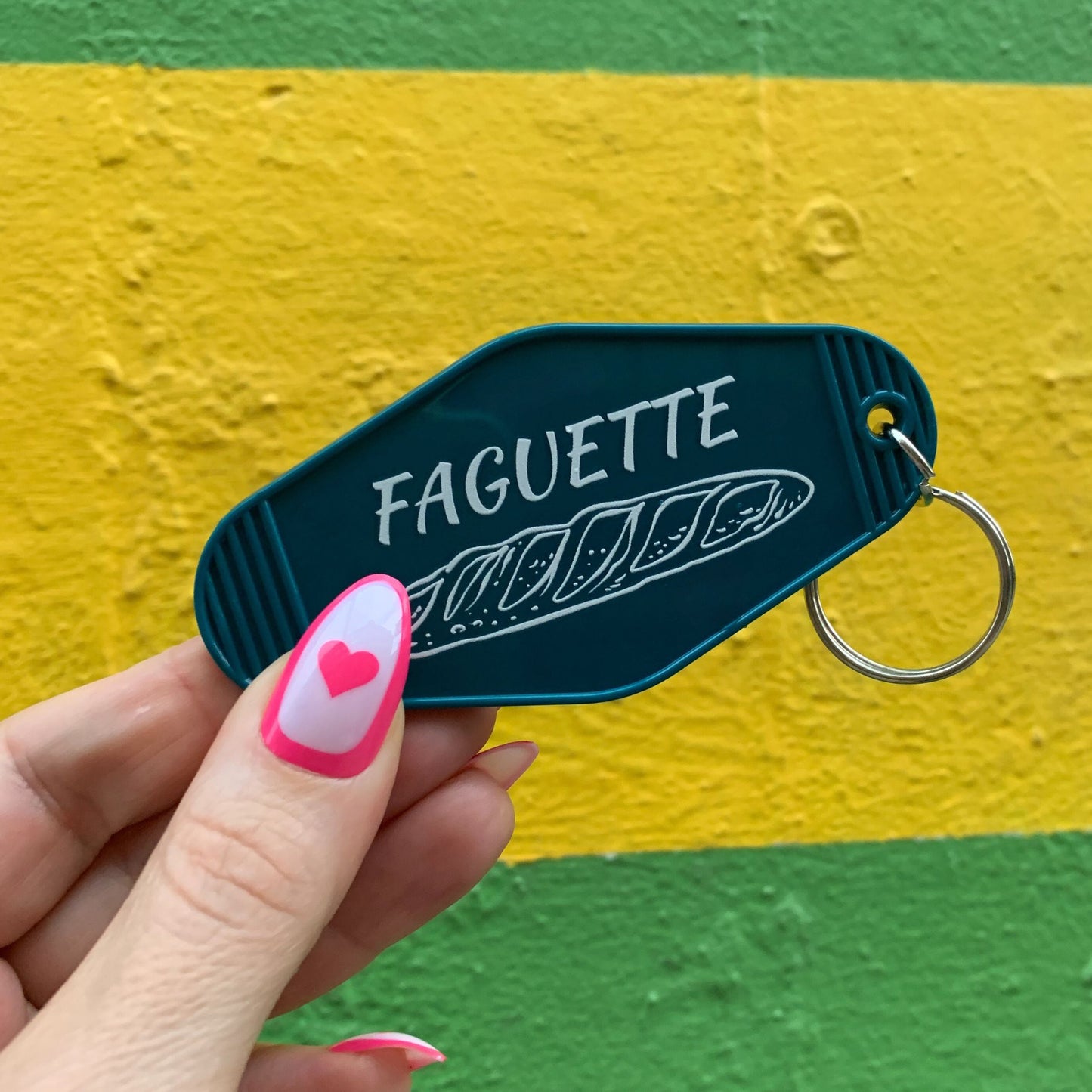 Faguette Gay Pride Motel Keychain with Baguette Bread Motif